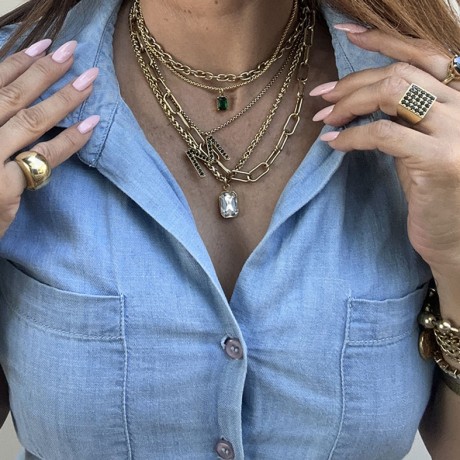 שרשרת קלועה בציפוי זהב תליון מלבני שקוף