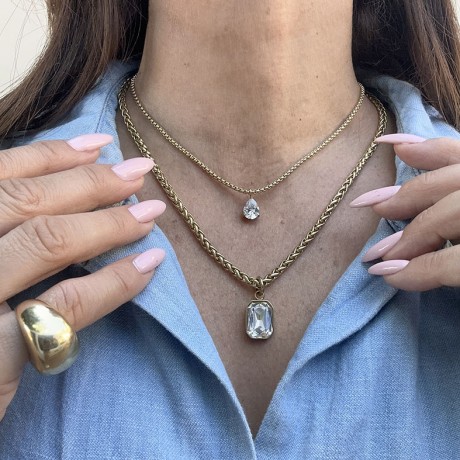 שרשרת קלועה בציפוי זהב תליון מלבני שקוף